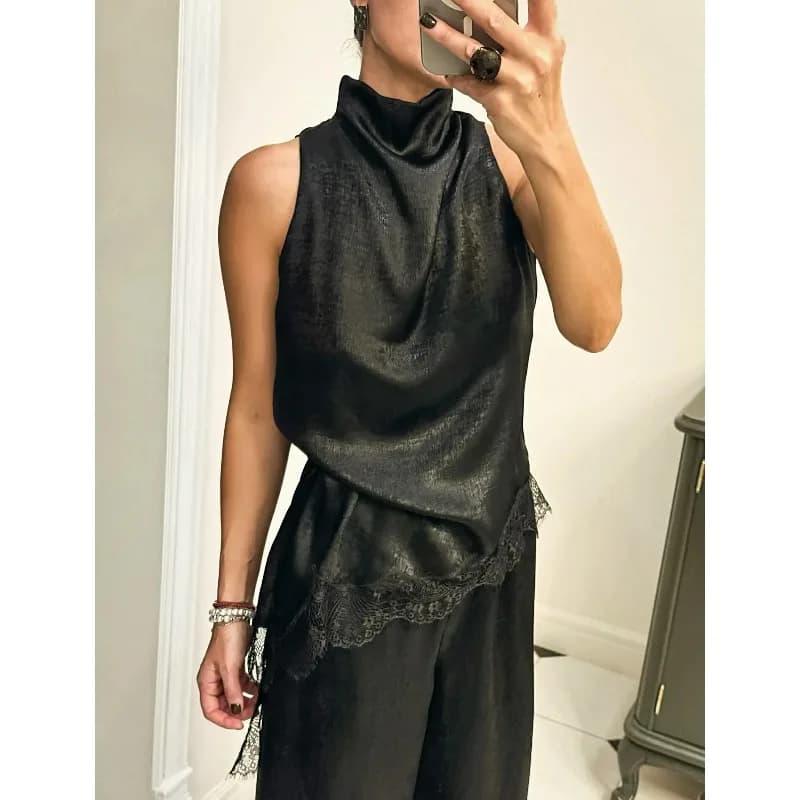 Nuova Blusa Donna 2026 Senza Maniche con Pizzo e Patchwork, Top Casual da Vacanza e Street Style, T-shirt Sexy con Collo Semi-Alto e Orlo Irregolare