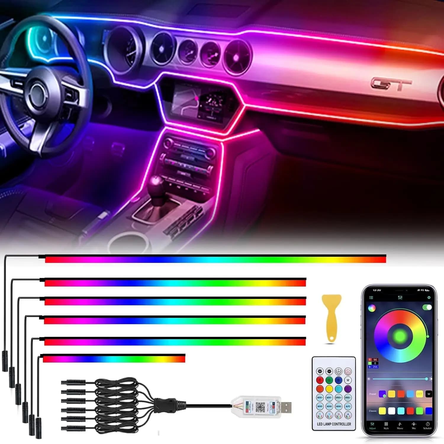 Luci LED Interne per Auto 6-in-1 in Acrilico con 584 LED, 16 Milioni di Colori, Controllo APP e Telecomando, Sincronizzazione Musicale per Tutti i Conducenti