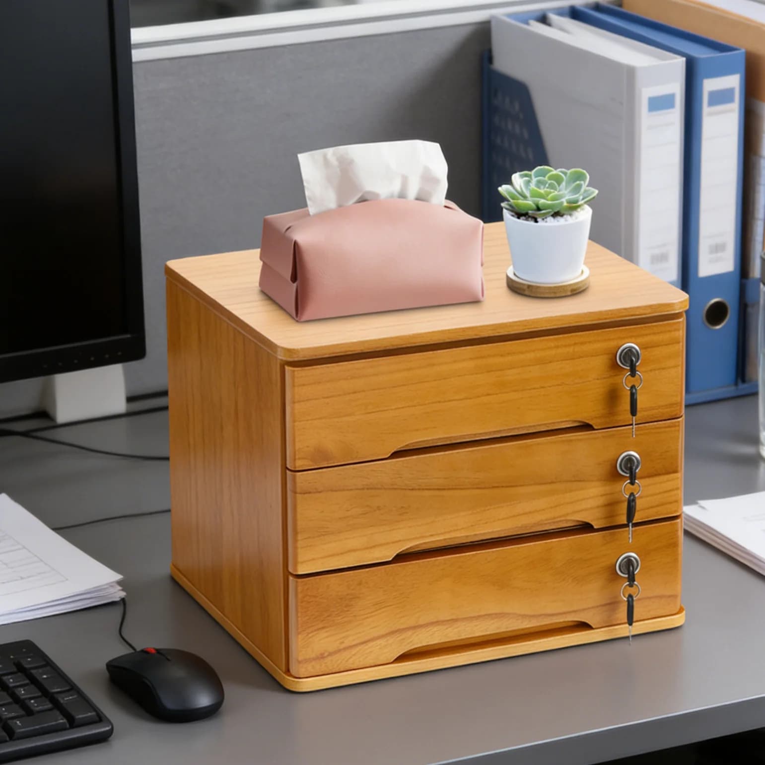 Organizer da scrivania in legno a 3 livelli con cassetti bloccabili, portata 30 kg, per ufficio, studio, camera da letto, cancelleria, cosmetici S