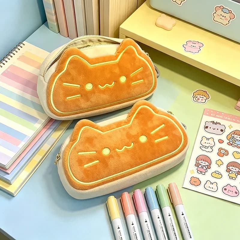 Kawaii Caramel Cat Pencil Case Cartoon Fat Cat Large Capacity Student Stationery Bag Cosmetic Pouch Travel Storage Bag Gifts