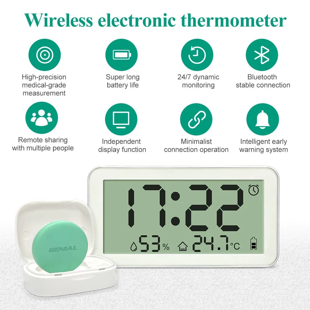 Termometro digitale wireless medico, tracciamento in tempo reale APP, promemoria ad alta temperatura con monitor da tavolo, uso sotto le ascelle