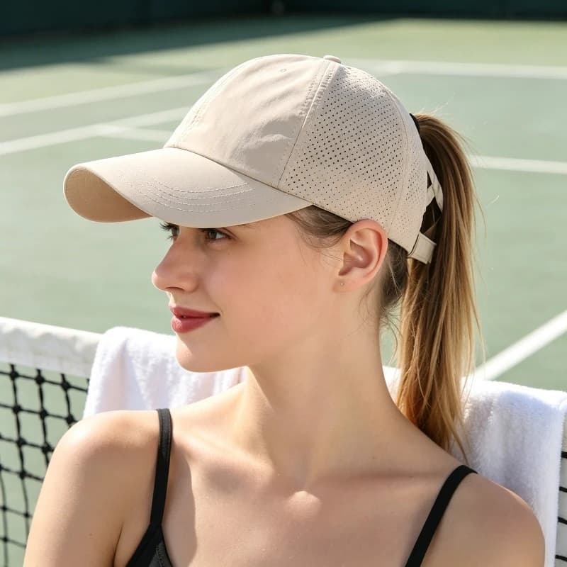 Women's hat spring summer in quick drying net with cross horse tail, outdoor sun protection, breathable and light for casual sports