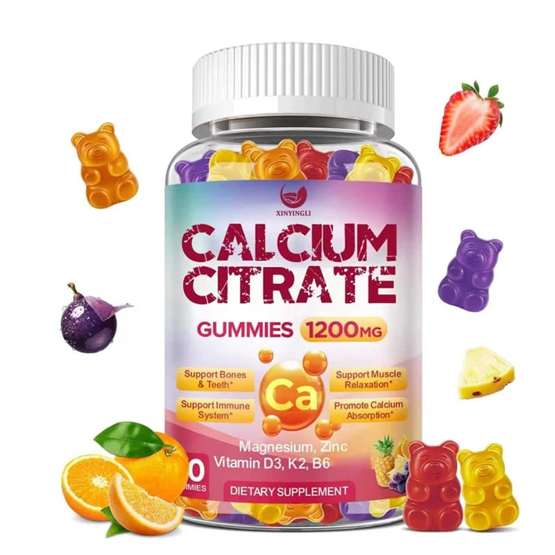 Gomme masticabili al citrato di calcio - Integratore di calcio da 1200 mg, contenente vitamine D3, K2, magnesio, zinco e supporto immunitario