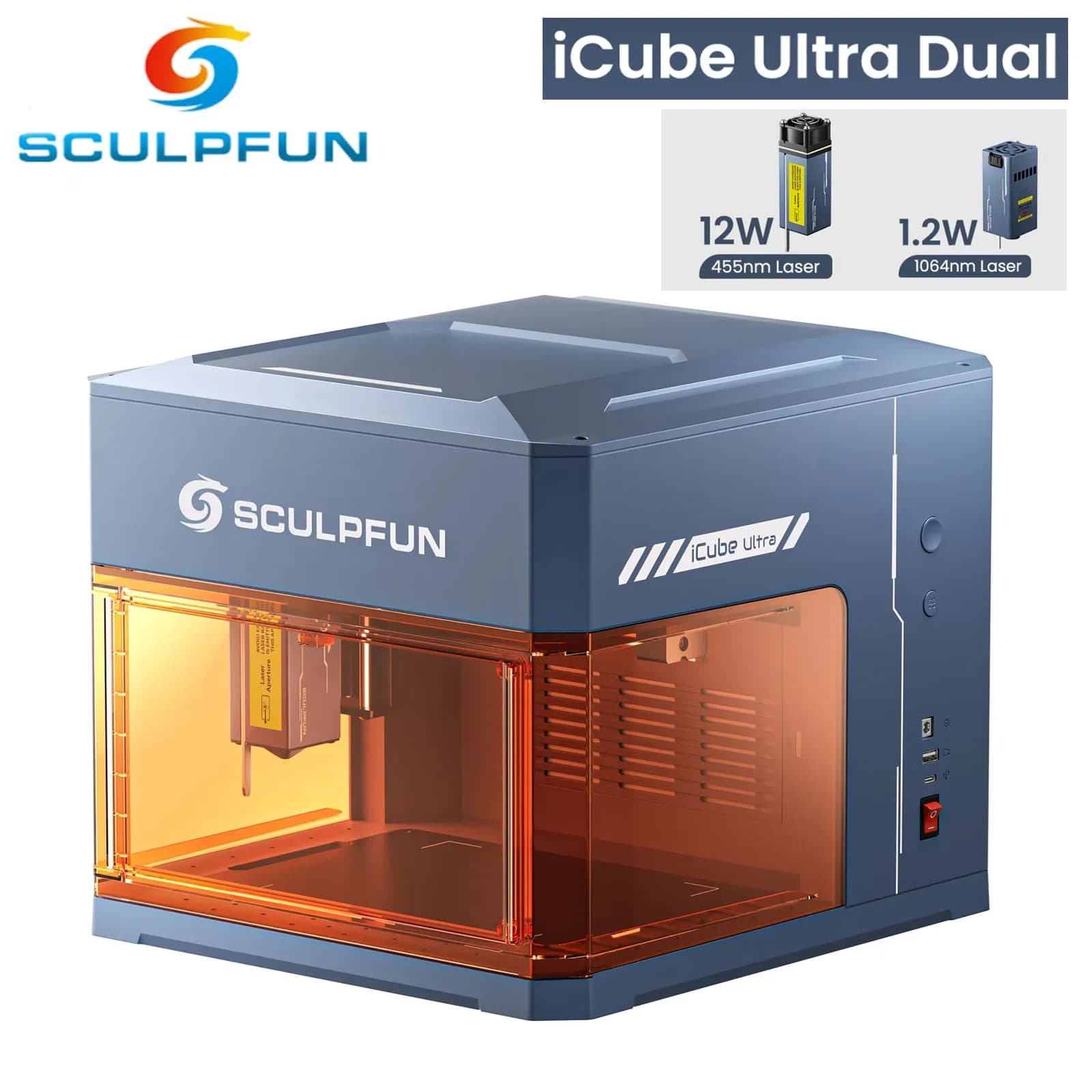SCULPFUN iCube Ultra Dual mini laser 12W+1.2W Macchina per incisione e taglio laser CNC, incisore per acrilico con controllo Bluetooth