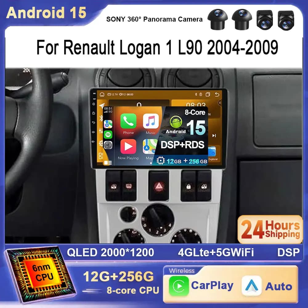 Per Renault Logan L90 2004-2009 Android 15 Carplay Auto Wifi 4G DSP 2K Autoradio Navigazione GPS Lettore Video Multimediale DVD
