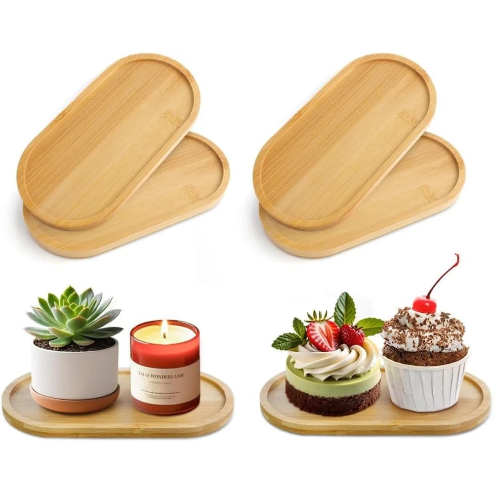 4pcs Bamboo Plant Saucer Oval Drainage Bamboo Plant Drip Tray Coffee Coaster Plant Pot Tray Bamboo Tray for Most Ceramic Plants