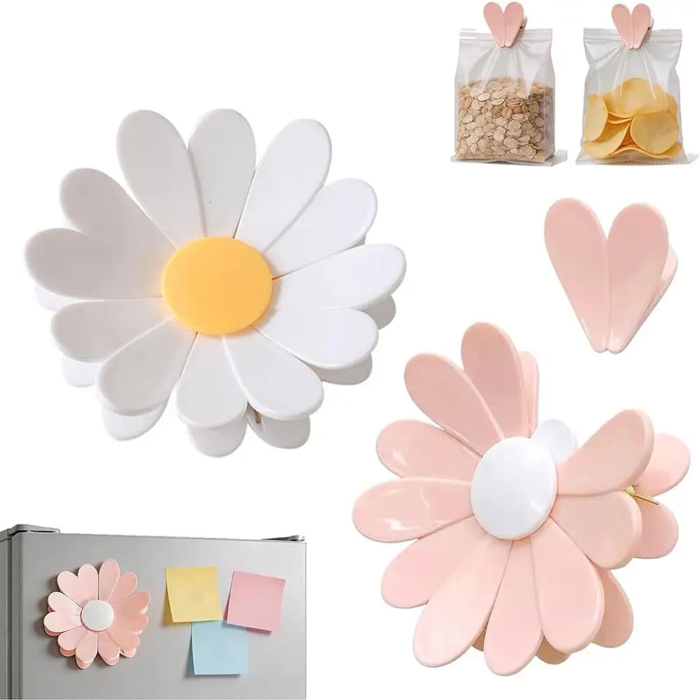 Clip magnetica a forma di margherita, staccabile, per sigillare sacchetti, adesivo per frigorifero, riutilizzabile, per sigillare sacchetti di snack.