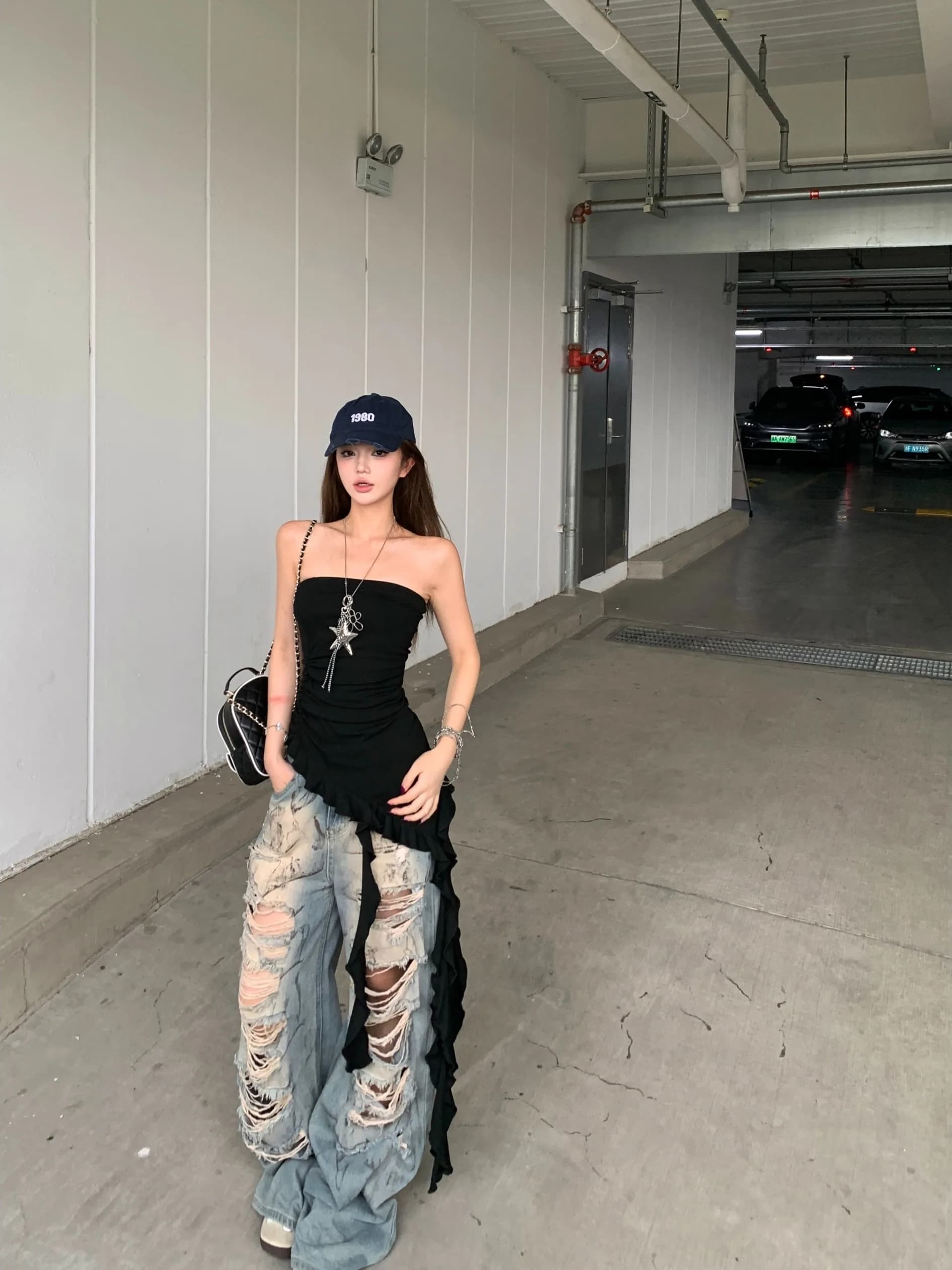 Spicy Girl Summer New Fashion Strapless Loose Slimming Wide Leg Jeans Set Women's Long Pants Casual Korean Style Four Seasons