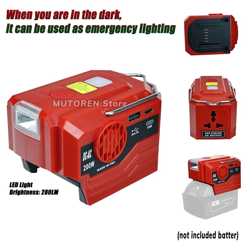 Inverter di potenza portatile da 200W 120V/220V Inverter per batteria al litio Mobile da esterno con luce a LED per batteria agli ioni di litio Milwauke 18V
