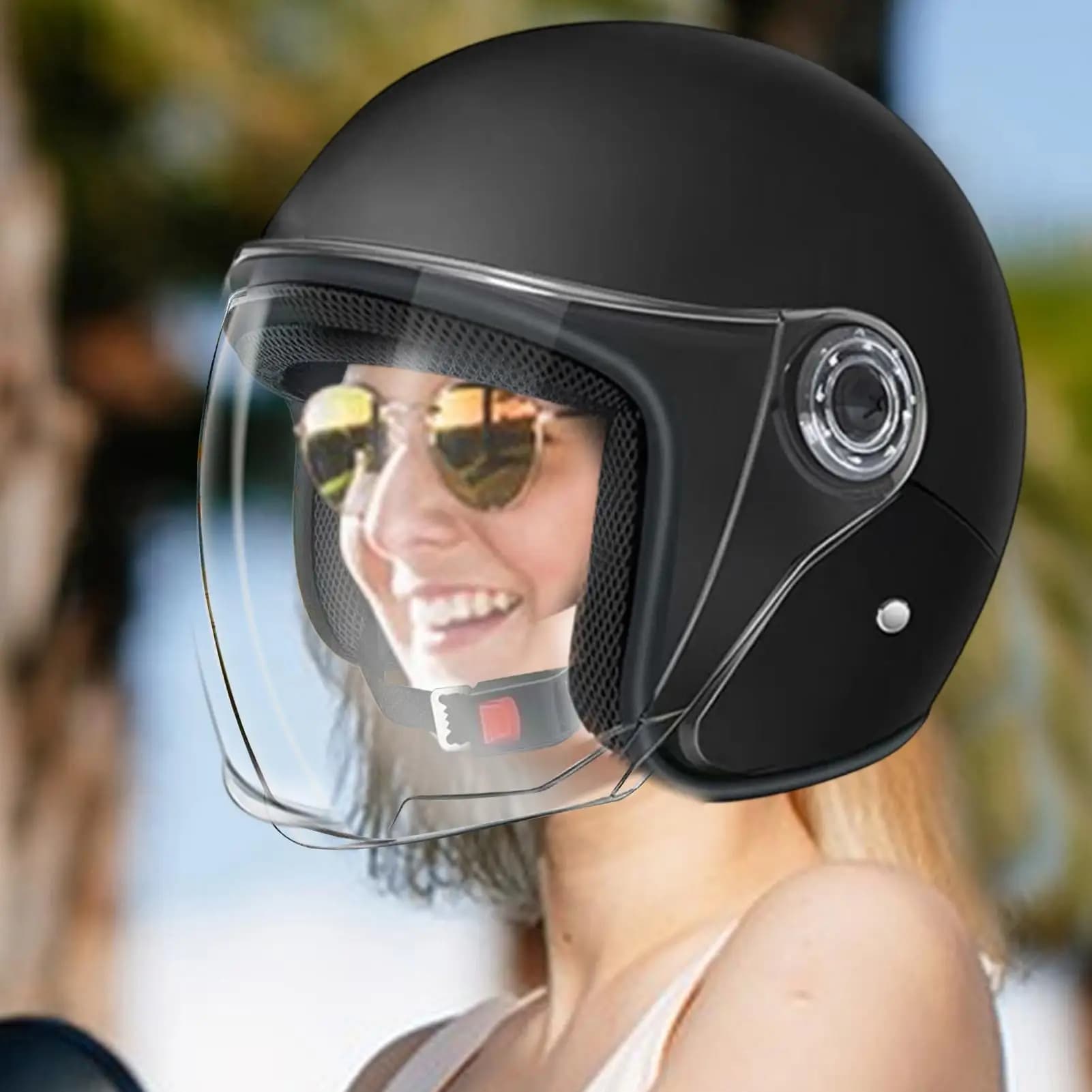 Casco da motociclista leggero Casco da ciclomotore a mezza faccia Equipaggiamento protettivo con visiera per donna Uomo Avventura Scooter da equitazione all'aperto
