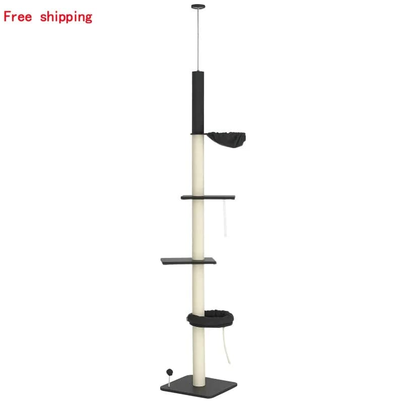 Albero per Gatti Regolabile in Altezza da 240-270 cm, Torre per Gatti Multilivello da Terra a Soffitto con Letto, Amaca, Piattaforme e Tiragraffi