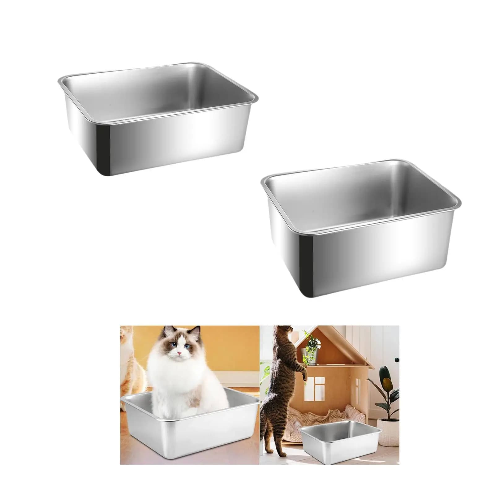 Toilette per lettiera per gatti Scatola per sabbia in acciaio inossidabile Contenitore antispruzzo superiore aperto Robusta padella per animali domestici Vassoio per lettiera