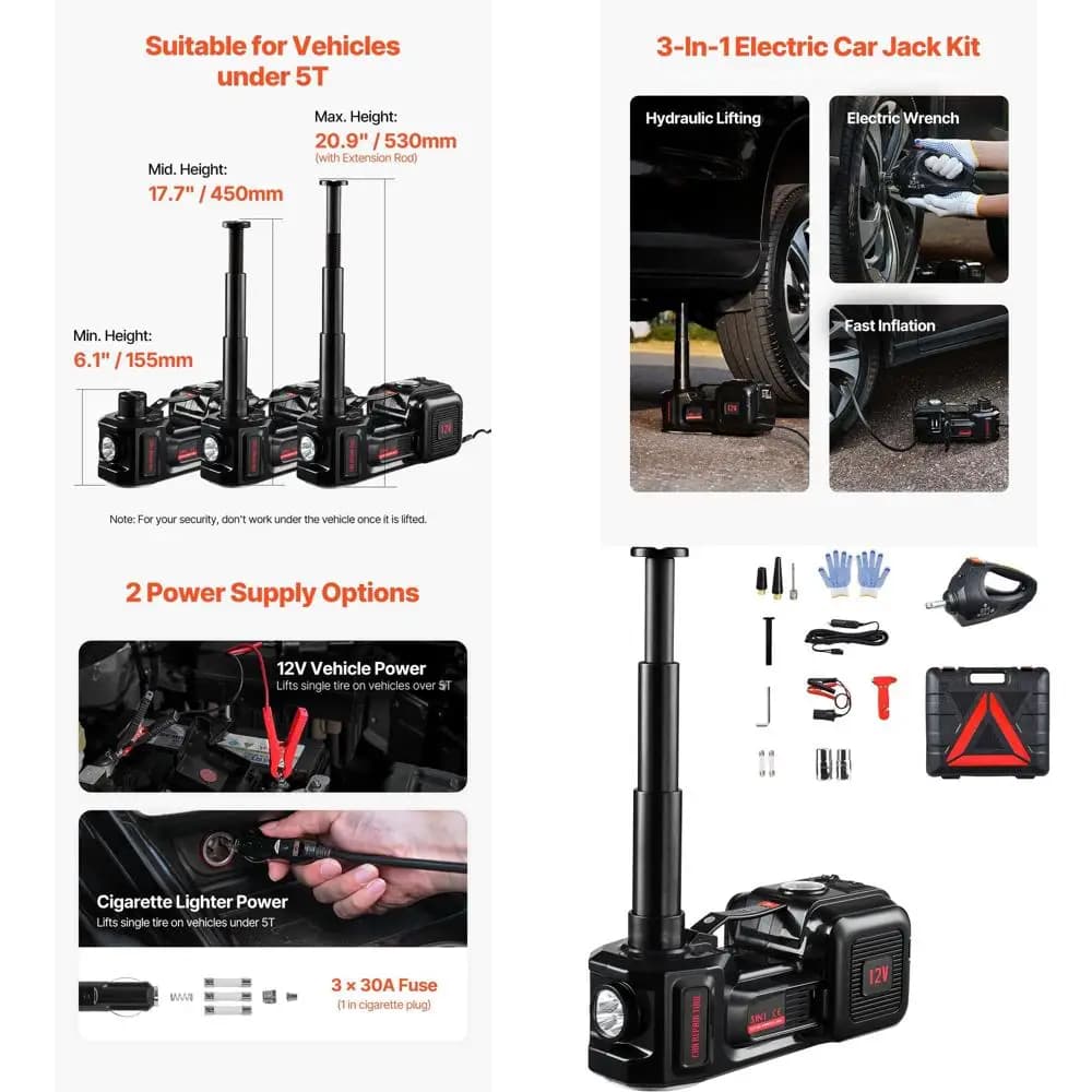 Martinetto a forbice da 5 tonnellate con gonfiatore, avvitatore a percussione da 12 V e luce LED per modifiche di pneumatici in sedani, SUV e camion