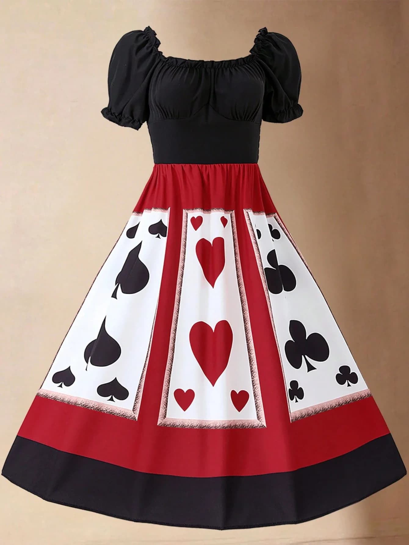 Halloween Playing Card Print Midi Dress Off Shoulder Puff Sleeve Flared Vintage Casual