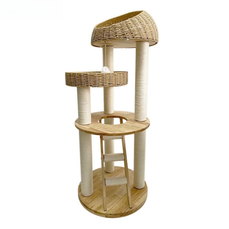 Tiragraffi per gatti in legno massello con cuccia in corda intrecciata, colonna in sisal naturale, grande tiragraffi integrato con cuccia per gatti