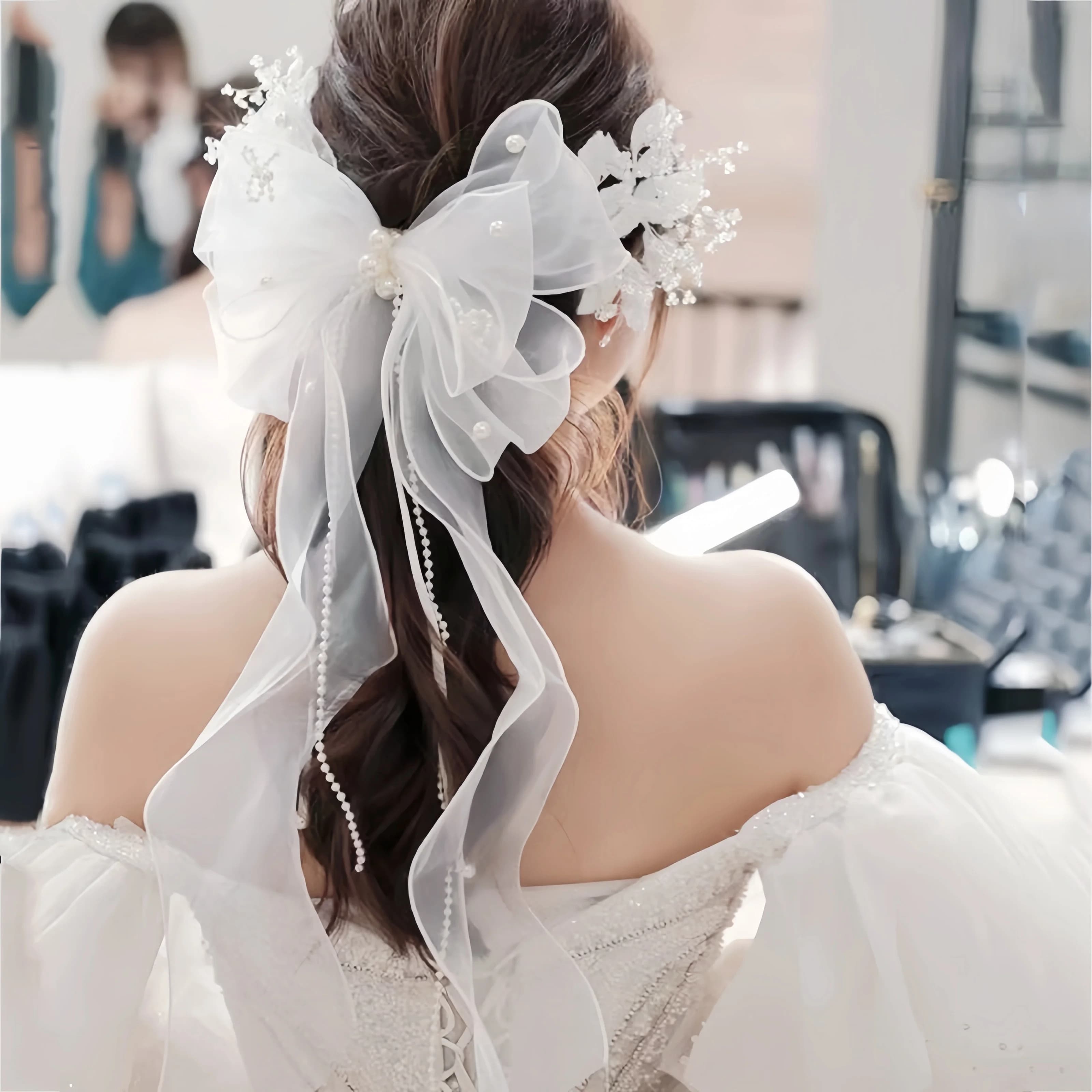 Fermagli per capelli da donna con fiocco lungo in rete, eleganti fasce per capelli con perle, forcine in rete bianca, accessori per capelli da sposa per matrimoni e feste