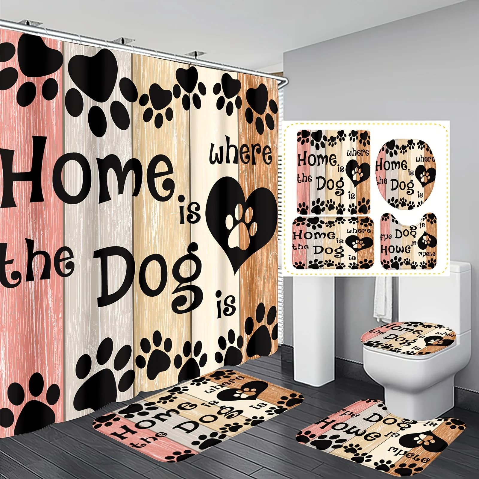 Home is Where the Dog Is Set da bagno da 4 pezzi: tenda da doccia, tappetino da bagno, copriwater, copri serbatoio: arredamento accogliente e accogliente