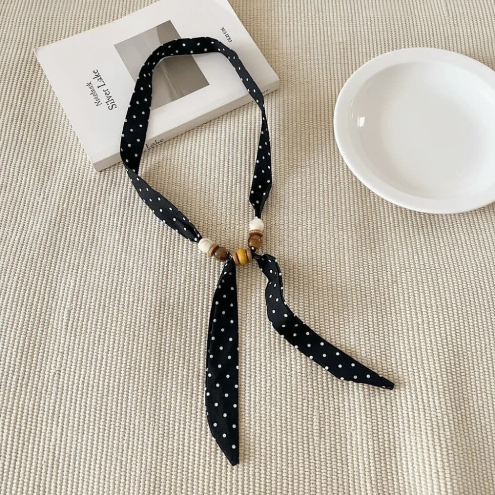 New Vintage Thin Polka Dot Neckerchief Pearl Beads Choker Scarf Adjustable Elegant Silk Scarf Necklace Hair Ties
