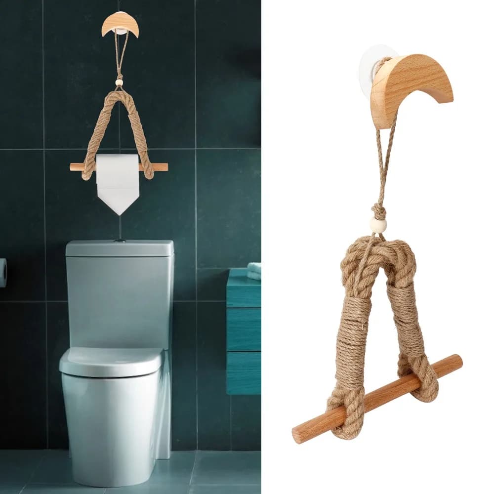 Portarotolo da parete in legno con corda di canapa, regolabile, facile installazione, multifunzionale