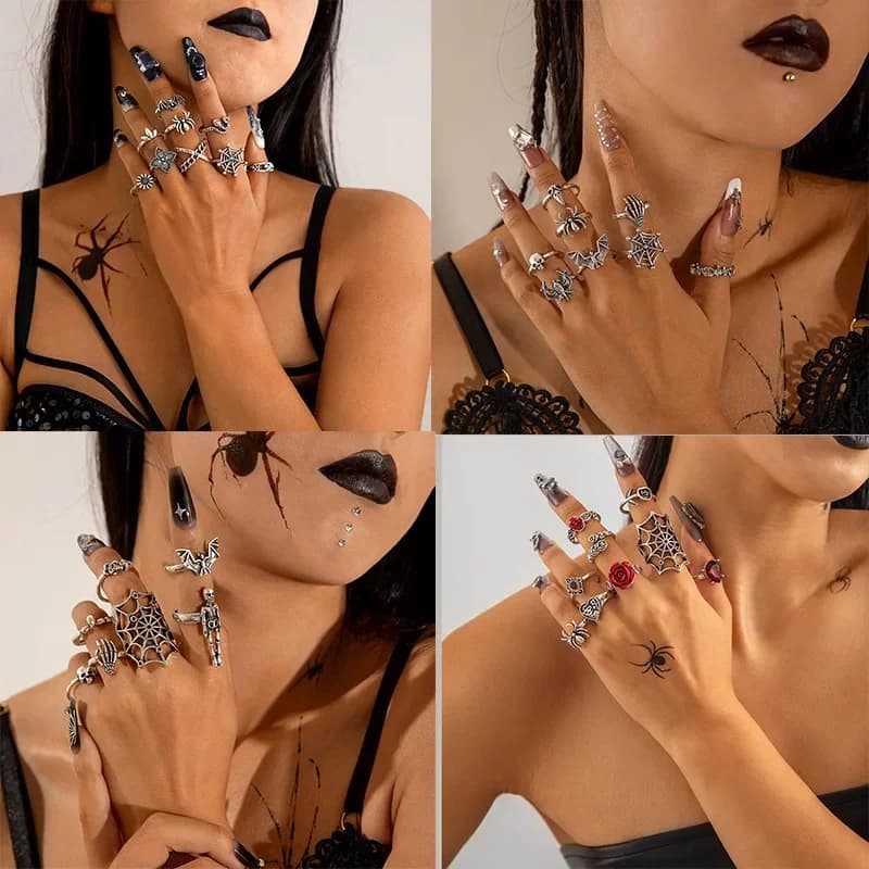 Halloween Dark Gothic Skull Vintage Ring Set, Punk Spider Snake Animal Stackable Matching Rings for Women