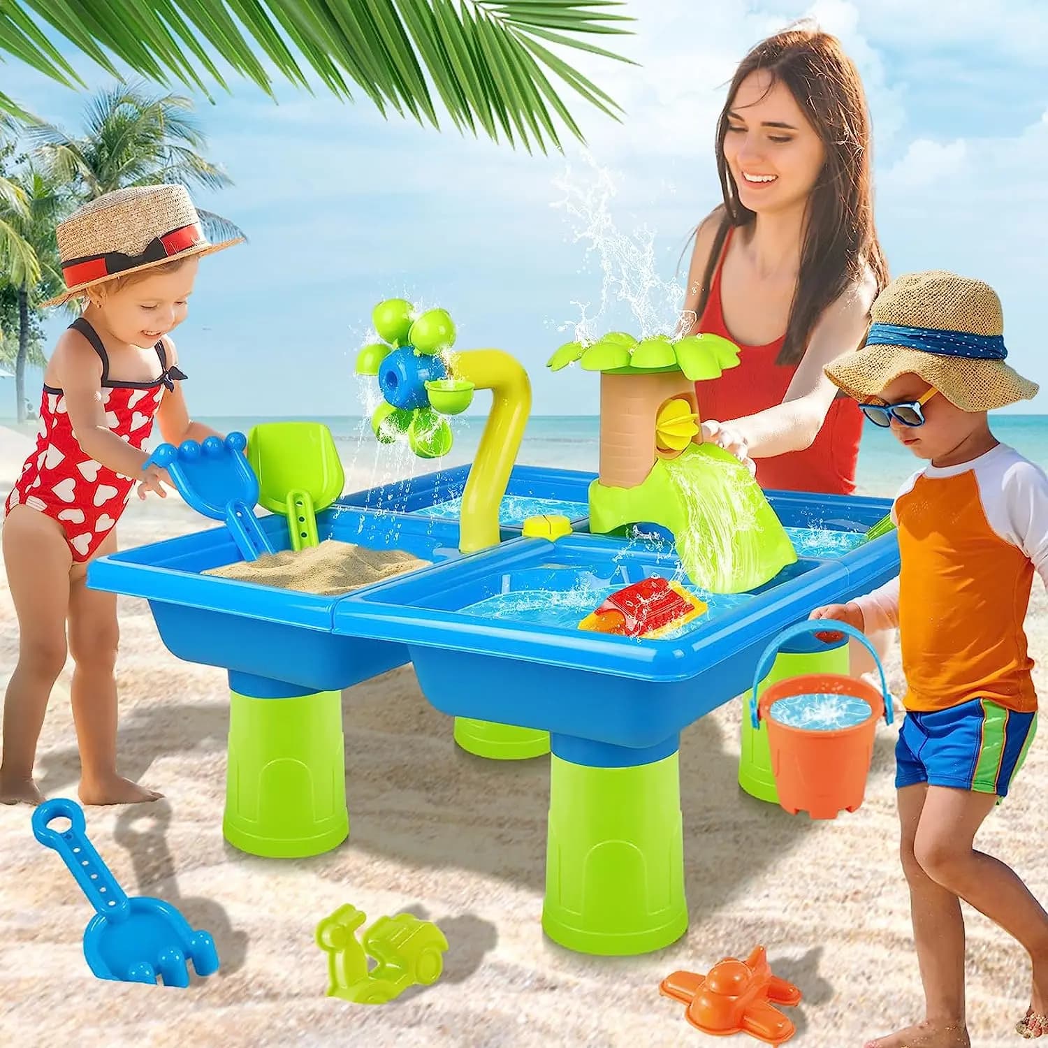 Tavolo da acqua per bambini 4 in 1 tavolo da gioco portatile per bambini giocattoli da spiaggia 24 pezzi giocattoli da tavolo per spruzzi di attività sensoriali per bambini