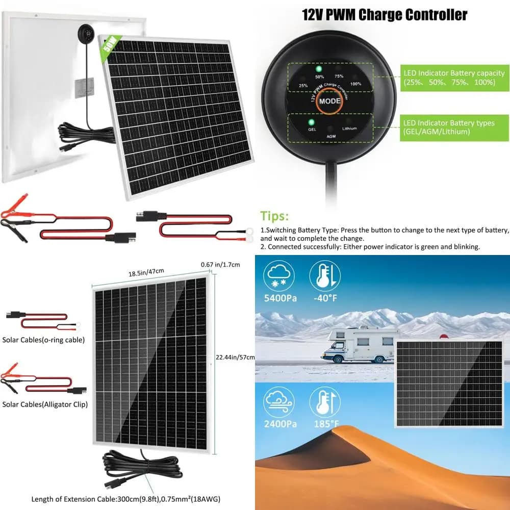Pannello Solare 50W 18V con Controllore PWM 12V Integrato e Cavo SAE per Camper, Nautica e Uso Domestico