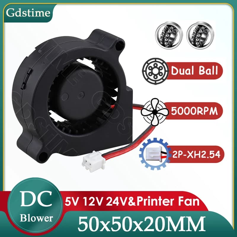 Ventola di raffreddamento Gdstime 5020 24V 12V 5V, ventola di raffreddamento con motore a doppia sfera 50x20MM, ventola a turbina da 50MM per stampanti 3D e raffreddamento CPU