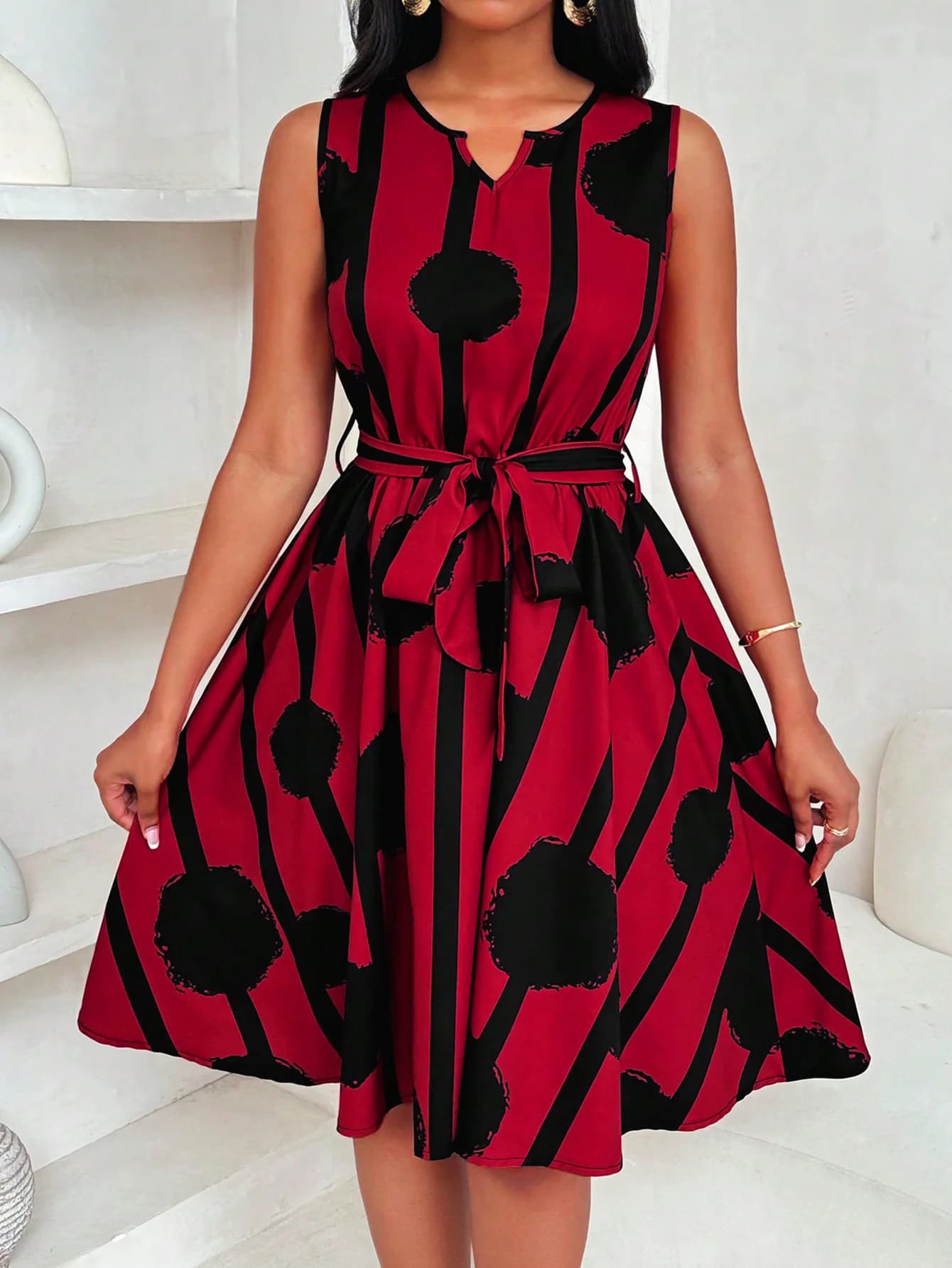 Women's Mini Dress Red and Black with Pois Print, Sleeveless, Drop-neck, with Belt, Daily Casual Style, for All Seasons