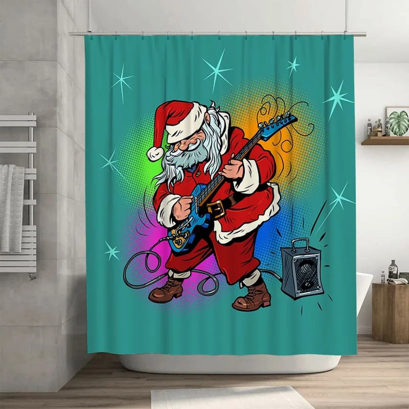 TU Rockstar Tenda da doccia con Babbo Natale Decorazioni musicali natalizie Tessuto per il bagno Regalo festivo per le vacanze Parete di Babbo Natale rock and roll