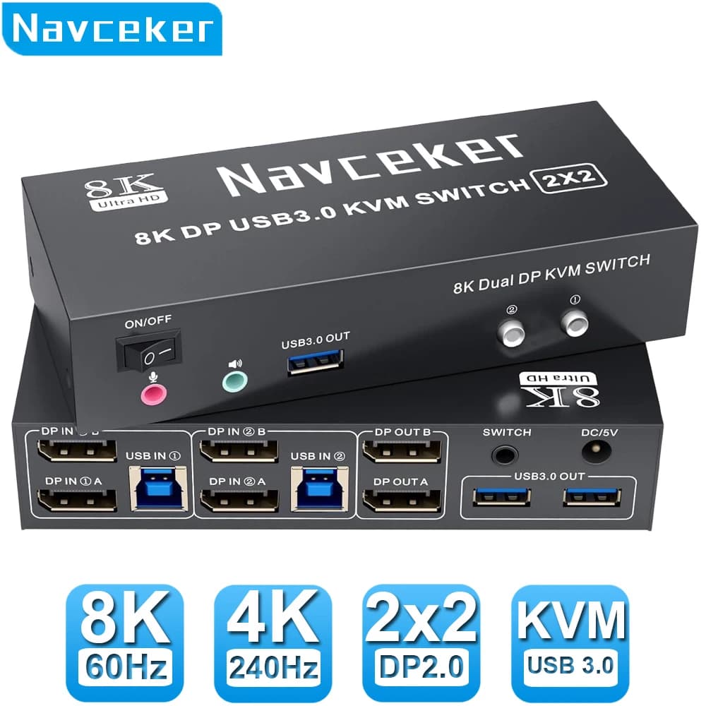 Navceker 4K 240Hz Dual Monitor DP 2.0 KVM Switch 8K USB 3.0 Displayport KVM Switch 2 in 2 out Display 2 Monitor 2 Computer PC