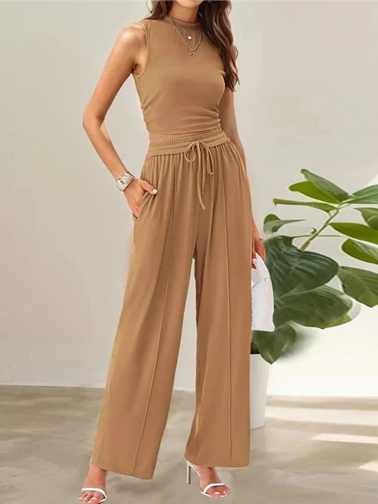 Completo Estivo Casual 2026: Top Corto Aderente Senza Maniche e Pantaloni a Gamba Larga, Set Due Pezzi per Donna