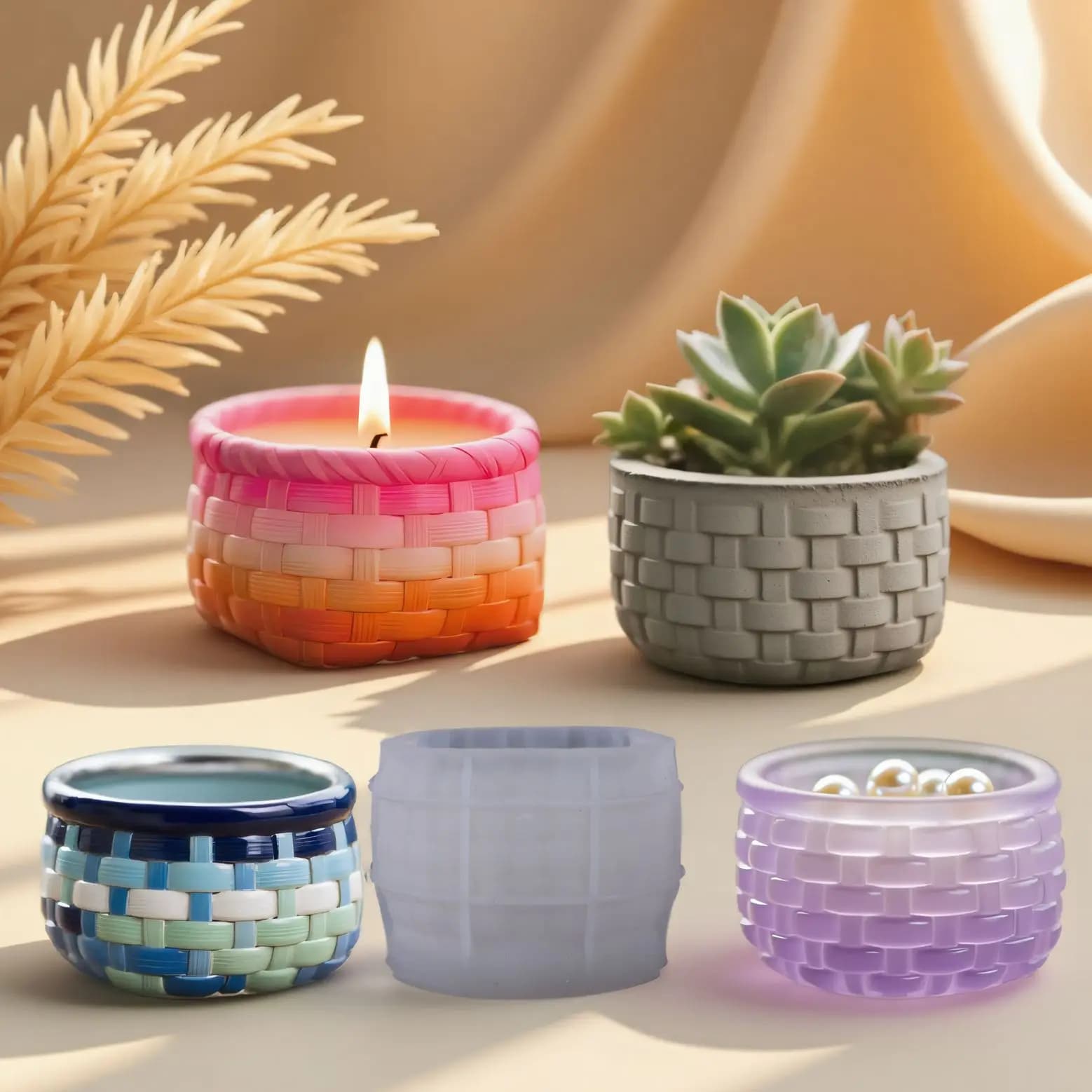 Woven Basket Silicone Mold for Resin Planters & Cement Crafts DIY Aromatic Candle Holder with Storage Jar Function Epoxy Vessel