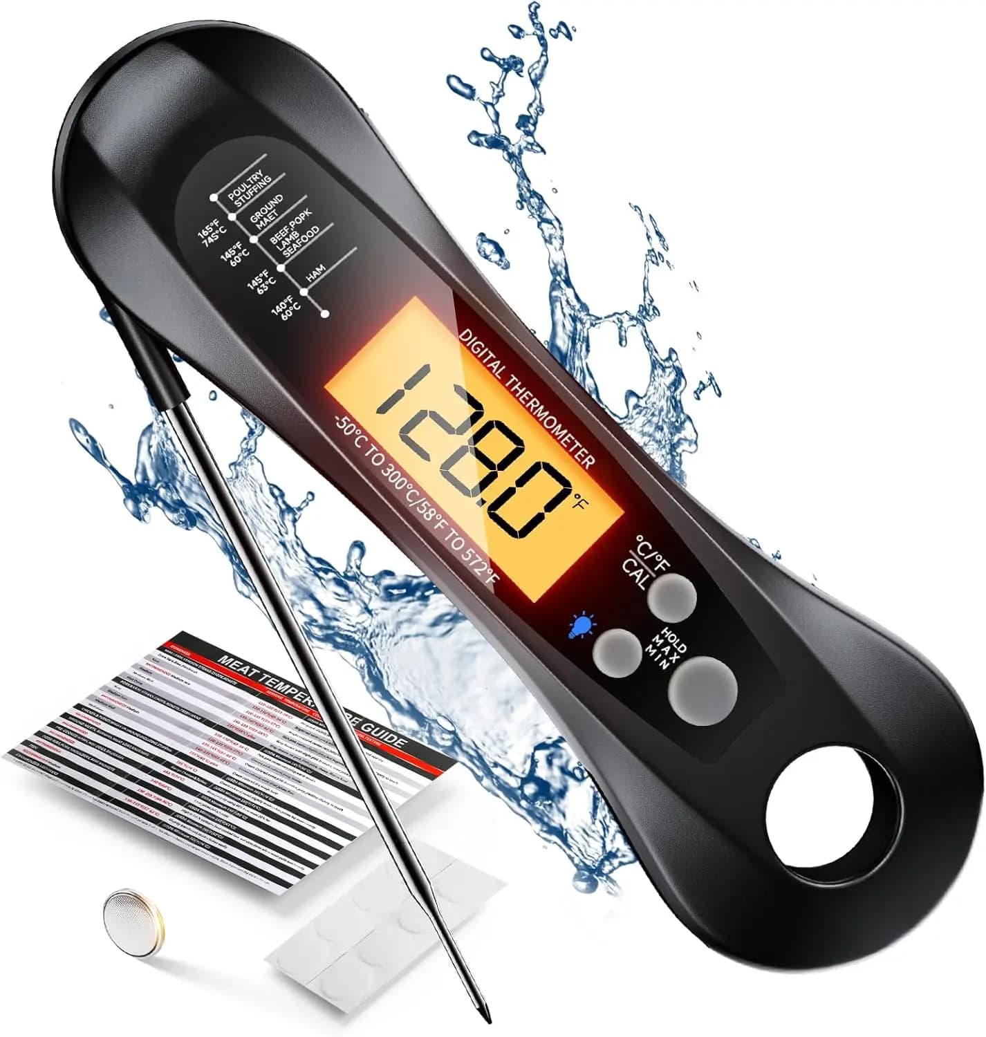 Digital thermometer for instant reading meat with folding probe, LED display - For grilling, cooking, cooking and barbecue