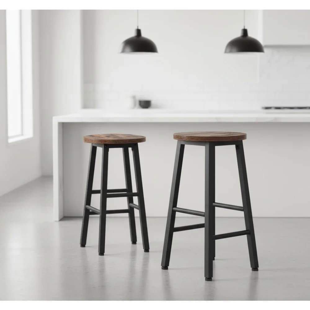 Set di 2 sgabelli da bar industriali, altezza bancone con poggiapiedi, marrone rustico e nero per sala da pranzo con isola cucina