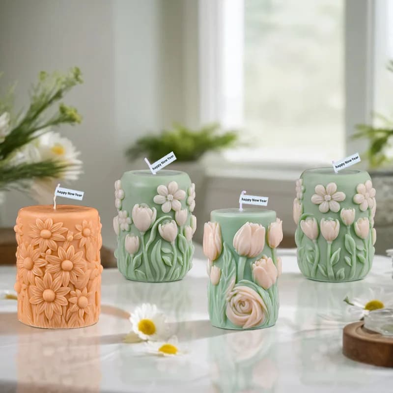 Stampo per candele in silicone cilindrico con fiore in rilievo, stampo per sapone in resina per aromaterapia geometrica 3d, decorazione per la casa