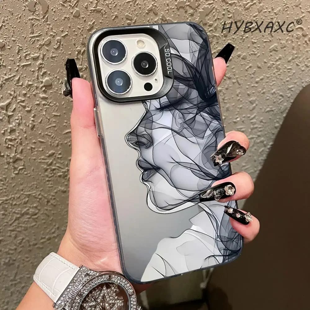 HYBXAXC Cover per iPhone con Profilo Donna Effetto Fumo Nero e Dettagli Argento, Liscia e Confortevole, per Tutti i Modelli iPhone, Estetica Quotidiana
