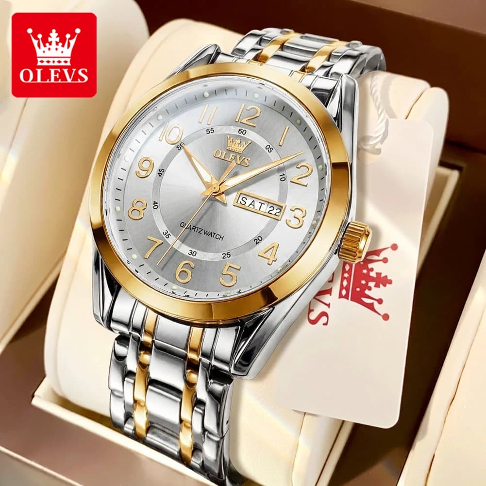 OLEVS 3666 Orologio al Quarzo da Uomo, Elegante, Luminoso, con Doppio Calendario, Impermeabile, in Acciaio Inossidabile