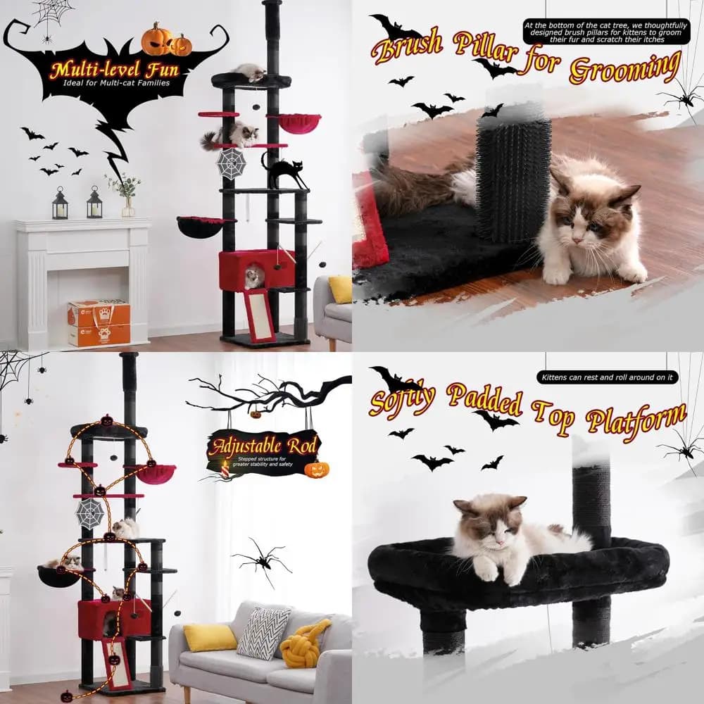Albero per Gatti Regolabile in Altezza con Tiragraffi, 250-280 cm, per Gatti Adulti, Nero e Rosso