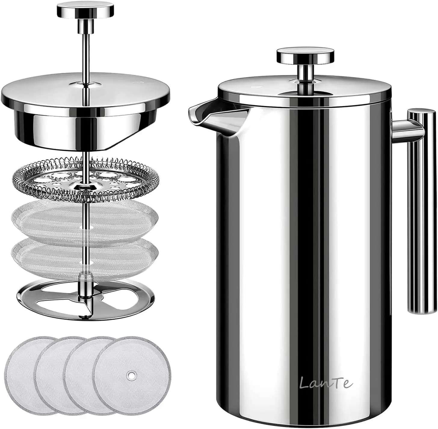 Coffee maker French press Stainless steel 600ml insulation with 4 levels Filtration, Dishwasher washable
