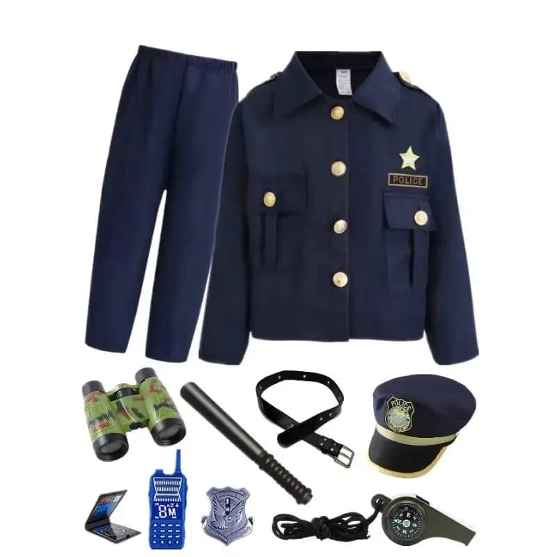 Costume da Poliziotto per Bambini e Bambine con Walkie Talkie, Bastone, Fischietto, Tuta Stampata con Bottoni e Uniforme Coordinata