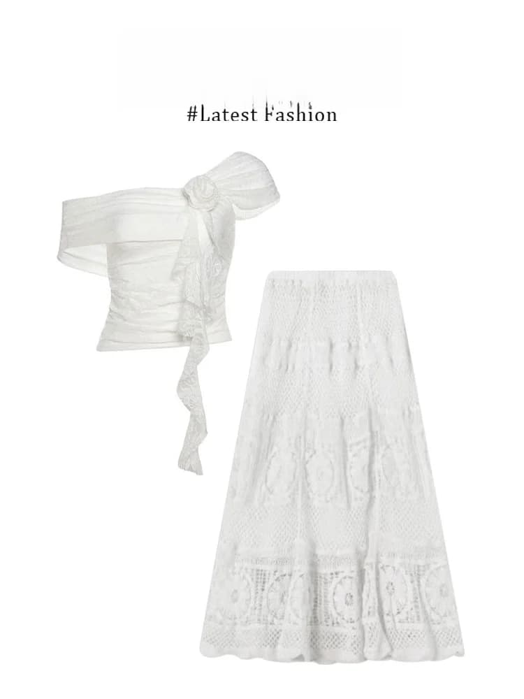 White Lace Trim Shoulder Bridesmaid Top with High Waist Half Skirt Short Sleeve T-Shirt Women Summer Sweet Style Two Piece Set