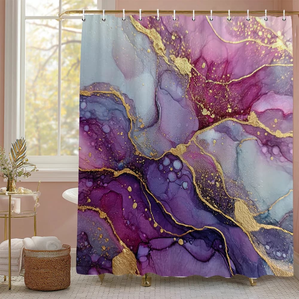 Abstract Ink Black Gold Gray Marbled Shower Curtain, Bathroom Decorative Shower Curtain, Waterproof Shower Curtain with Hooks