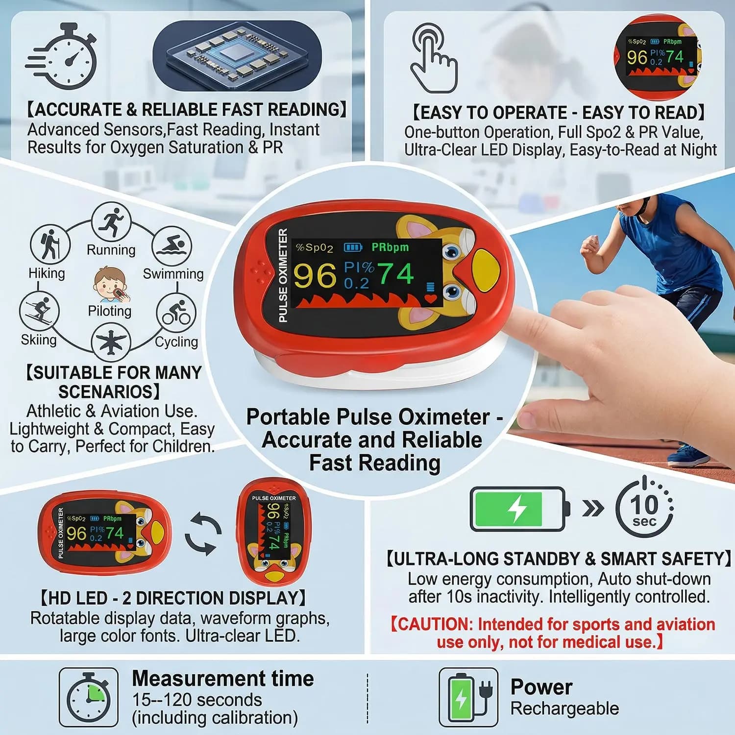 Pulsossimetro da Dito a Forma di Gufo, Ricaricabile, Misuratore di Saturazione dell'Ossigeno nel Sangue per Neonati, Adulti e Bambini, Oximetro SPO2 TFT