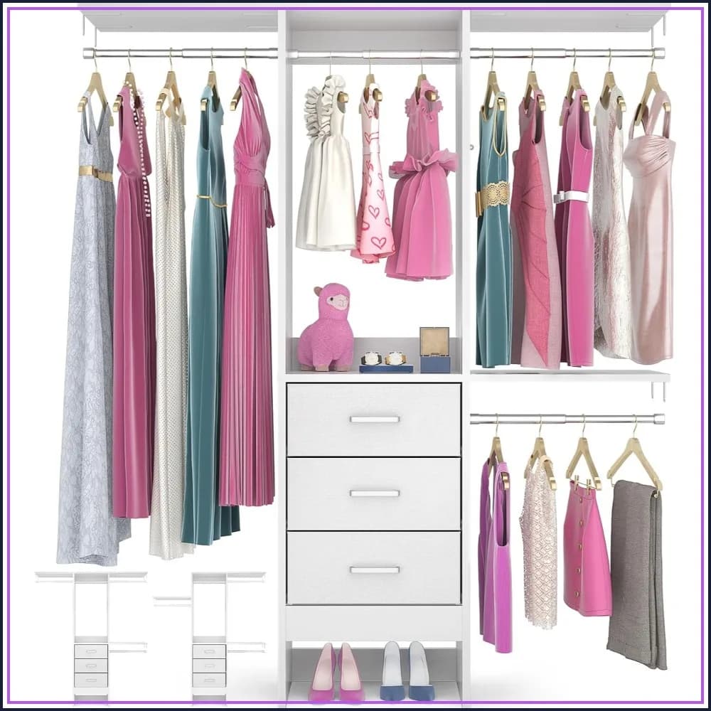48" Closet Organizer with 3 Drawers & Shelves, Adjustable Garment Rack for Small Spaces, White