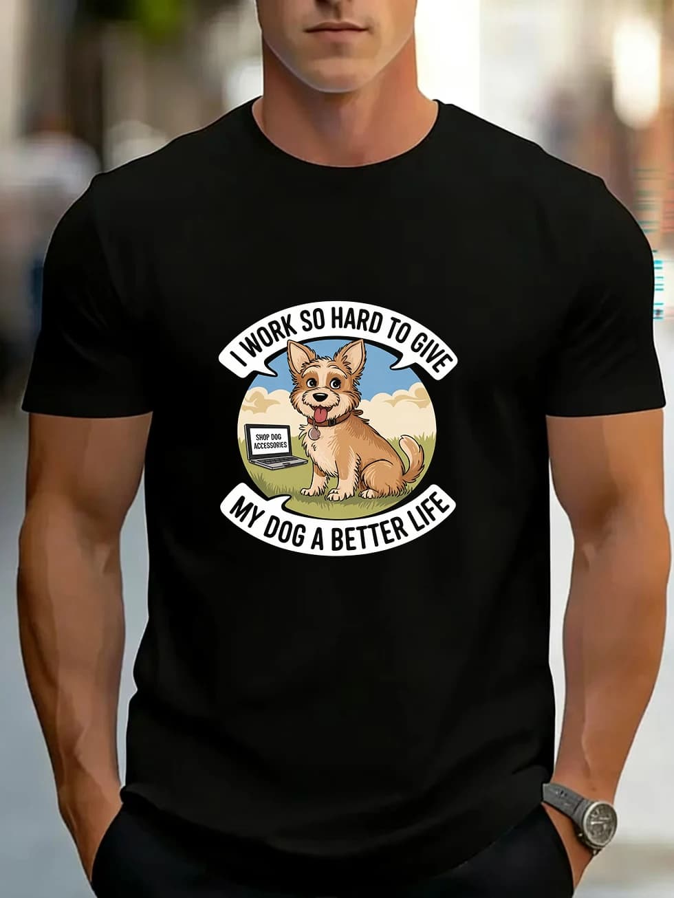 T-shirt a maniche corte da uomo, cucciolo marrone con espressione felice, sfondo con laptop, cielo blu e nuvole bianche, puro cotone, stesso stile per coppie uomo e donna