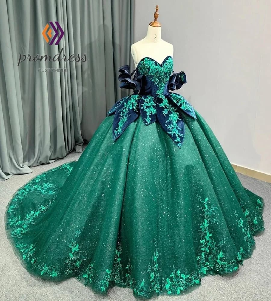 Abito Quinceanera unico blu scuro e verde 2025 Colore a contrasto lucido Abiti da 15 anni Xv Para Sweet 16 Dress Compleanno personalizzato