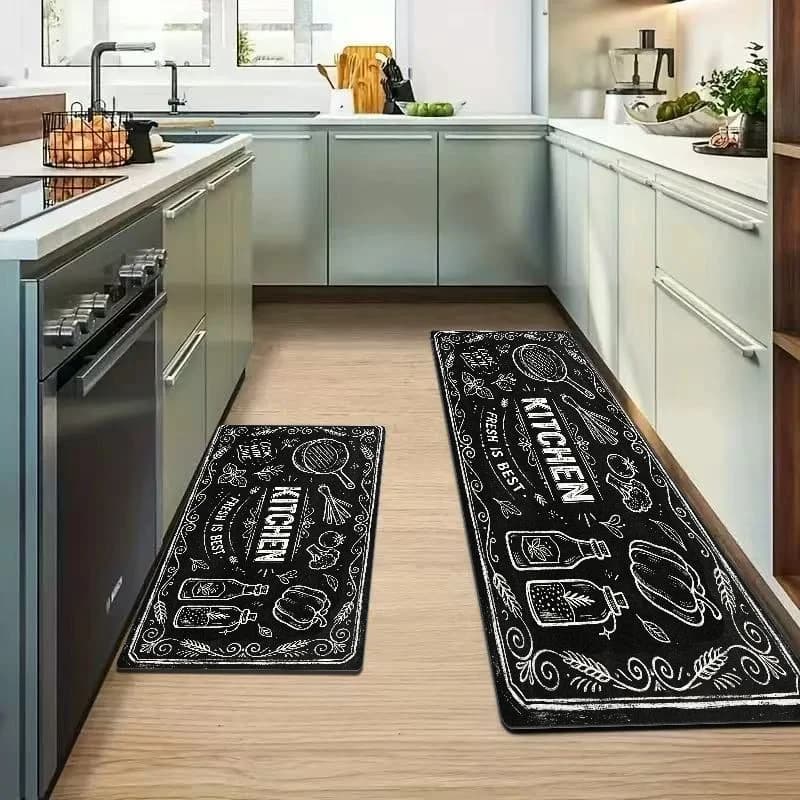 VIKAMA Simple Black Background Kitchen Sketch Floor Mat Set Durable Thin Waterproof Long Carpet Kitchen Home Decor
