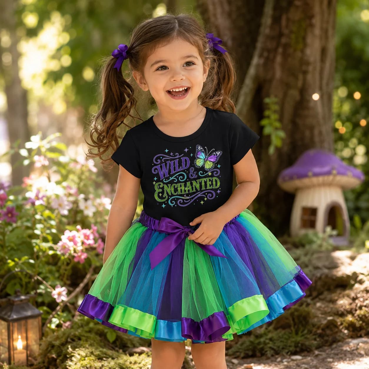 Girls "Wild & Enchanted" Butterfly Print T-Shirt Tutu Skirt Set, Toddler Princess Party Outfit, Halloween Costume