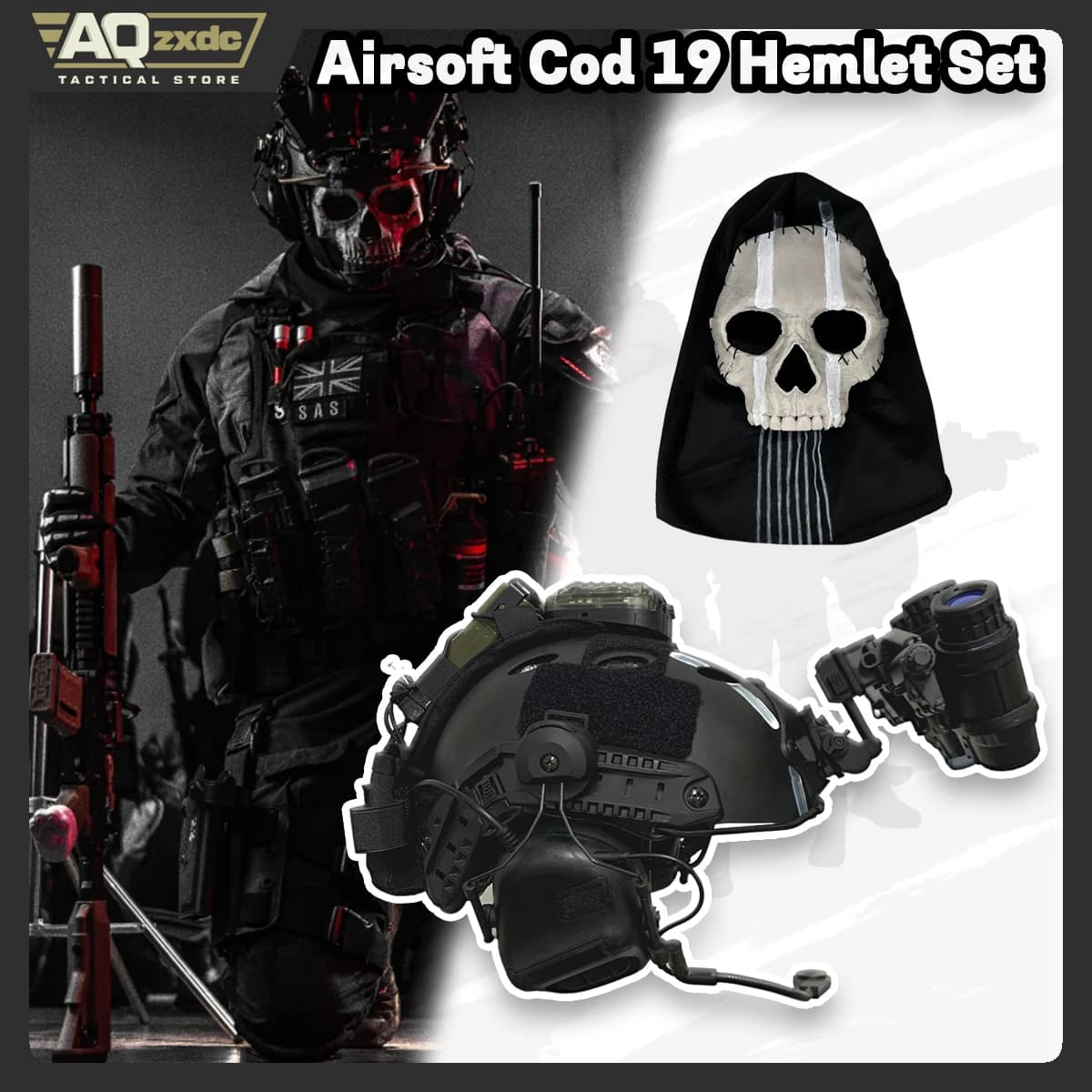 Set di caschi Airsoft Call of Duty 19 Cosplay Night Raid Ghost - Maschera a pieno facciale Ghost e include cuffie e modello NVG a quattro occhi