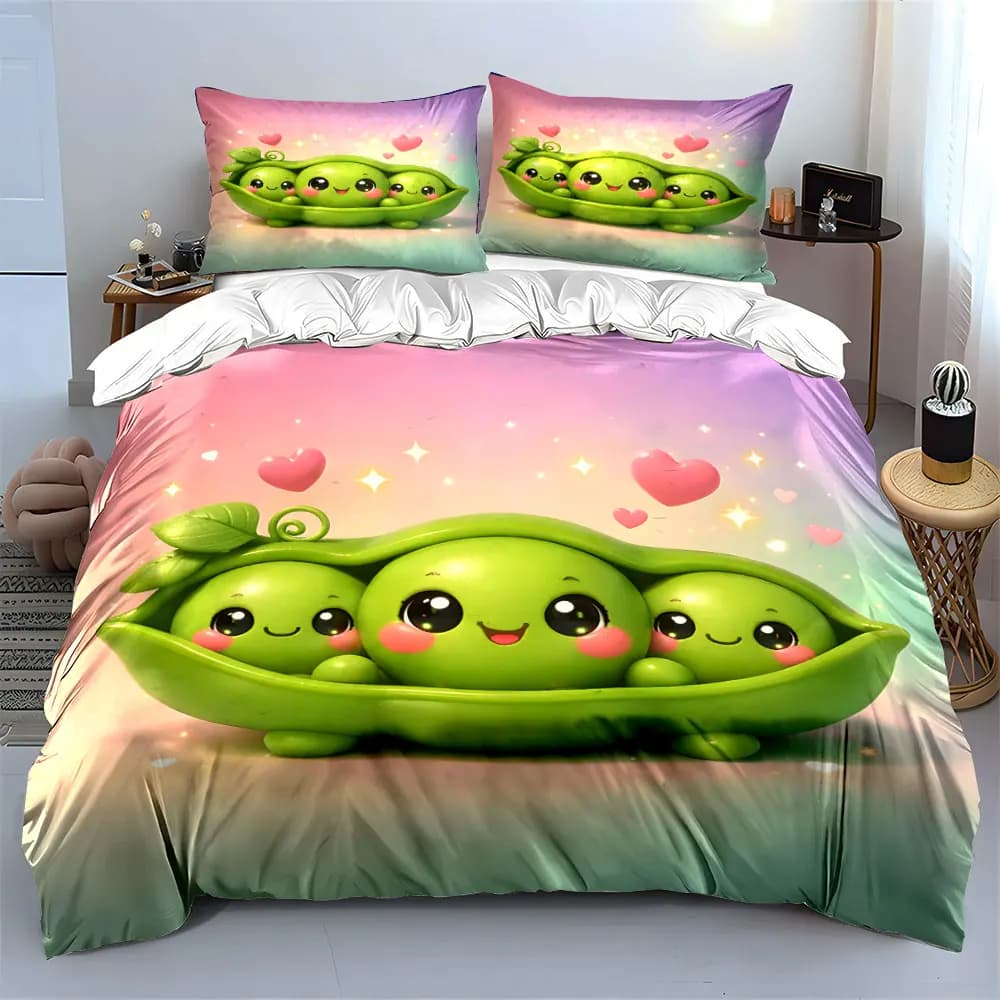 Adorable smiling cartoon peas Print Bedding Set 1 Duvet Cover 2 Pillowcases for Adult and Children Luxury Gift Full Size